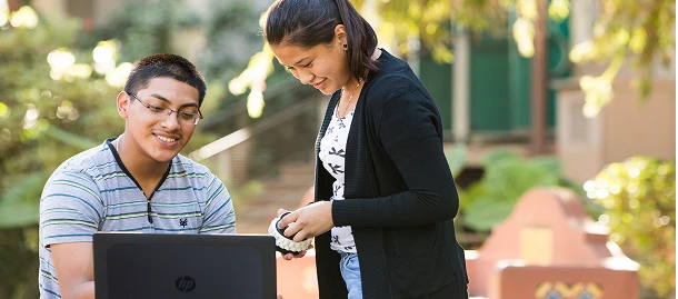 Two people working together outdoors on a laptop, one standing and one sitting, in a peaceful environment with greenery around.