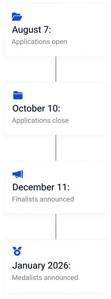 Timeline showing important dates: Applications open on August 7, applications close on October 10, finalists announced on December 11, and medalists announced in January 2026.